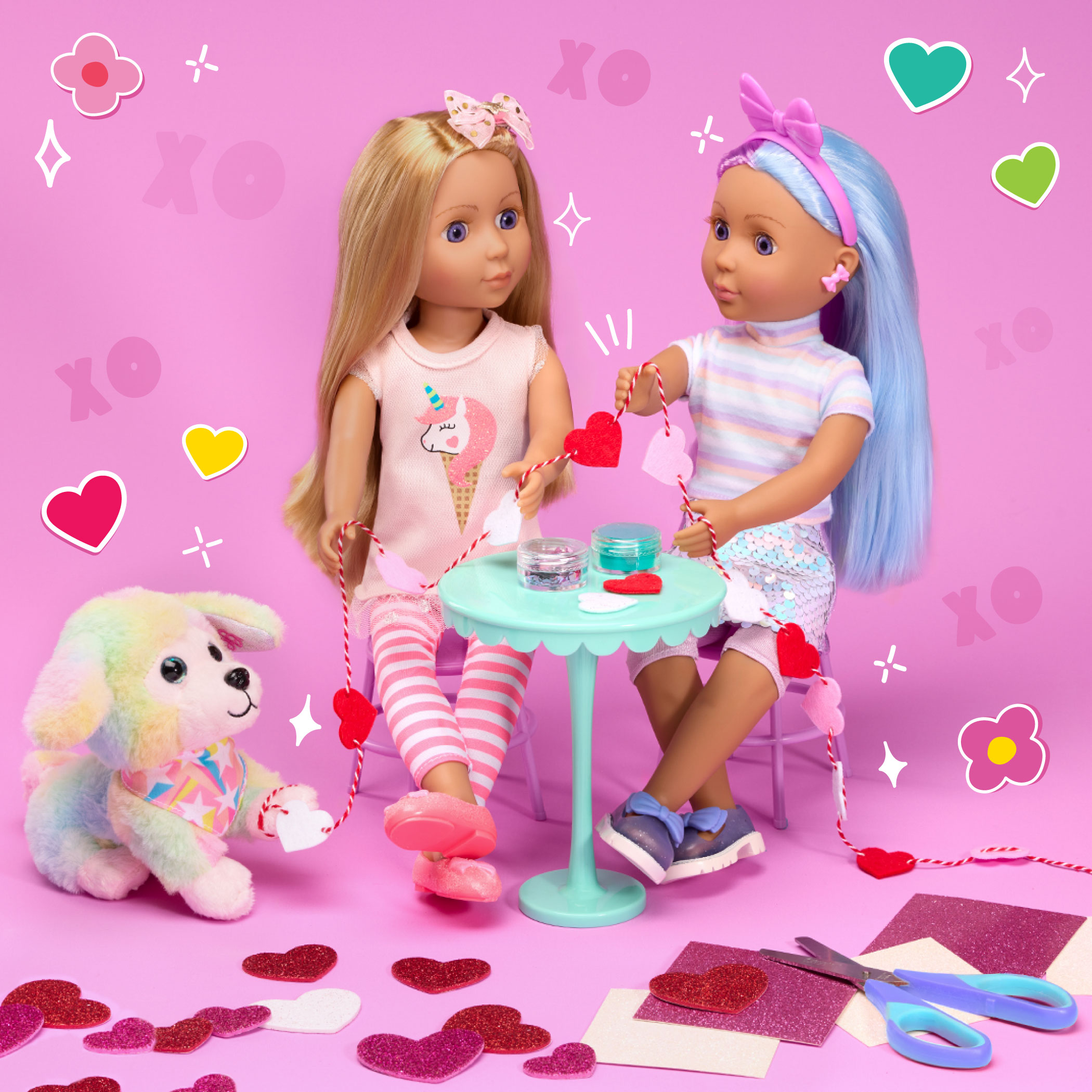 Two GG dolls with pup doing Valentine's Crafts