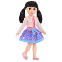 14-inch doll wearing cardigan outfit