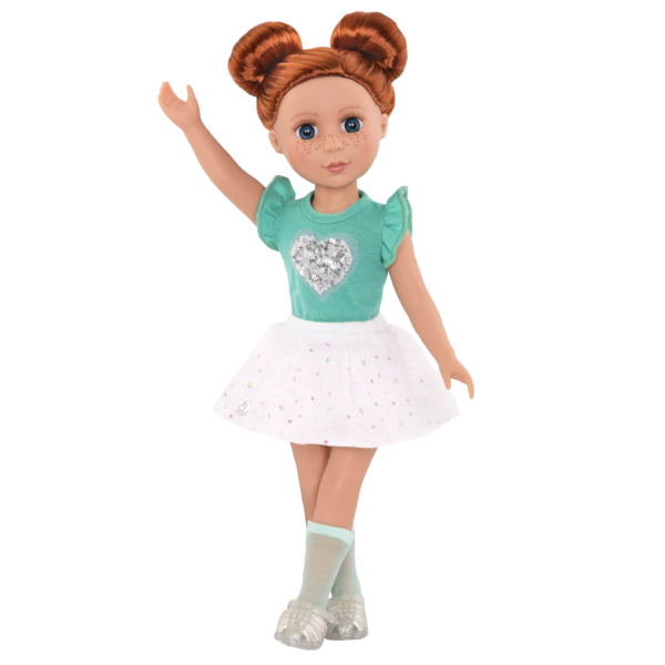 14-inch doll wearing sparkly heart top and skirt