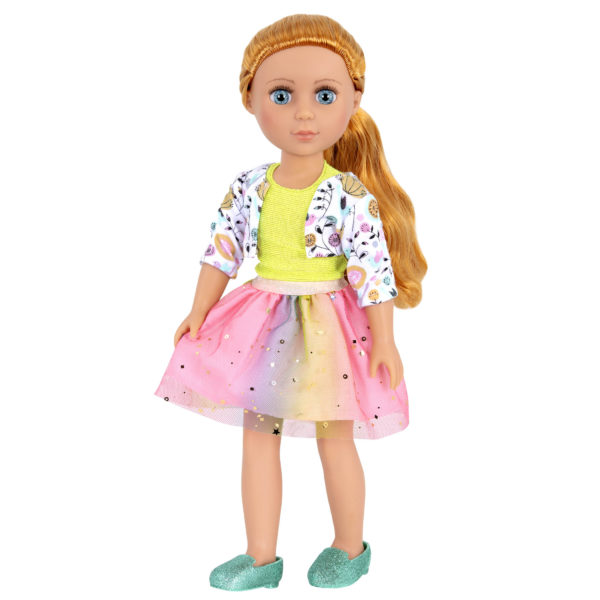 14-inch doll wearing outfit with glitter shoes