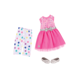 Pink dress with glitter shoes for 14-inch doll