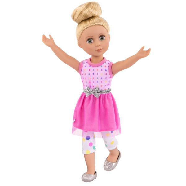 14-inch doll wearing pink dress with glitter shoes