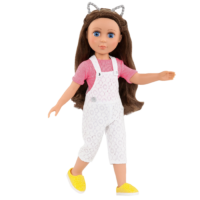 14-inch doll wearing lace overalls and cat ears