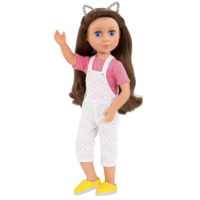 14-inch doll wearing lace overalls and cat ears