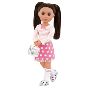 14-inch doll wearing skirt and top with glitter shoes