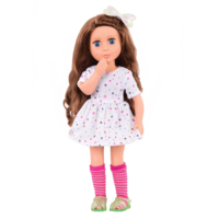 14-inch doll wearing glitter dress and bow