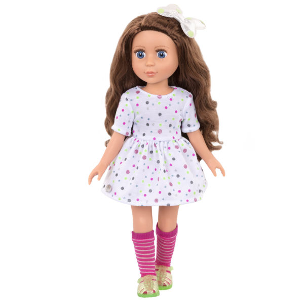 14-inch doll wearing glitter dress and bow