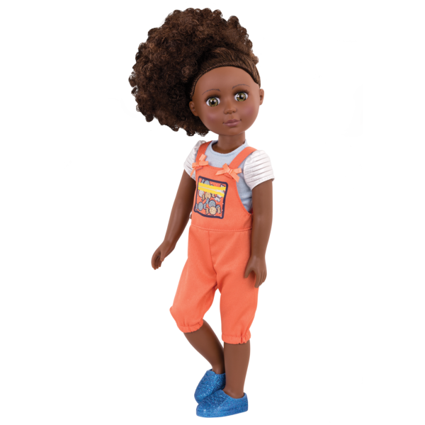 14-inch doll wearing candy shop overalls