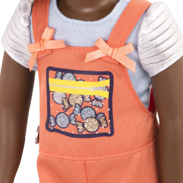 14-inch doll wearing candy shop overalls