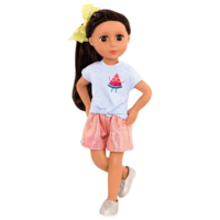 14-inch doll wearing watermelon t-shirt and shorts