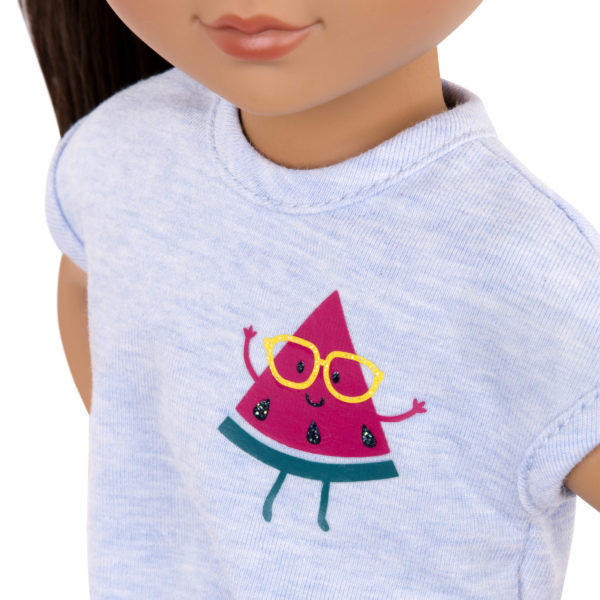 14-inch doll wearing watermelon t-shirt and shorts