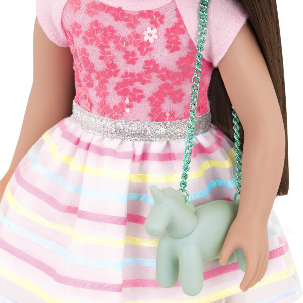 14-inch doll wearing rainbow floral dress