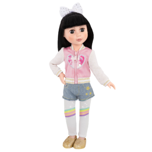 14-inch doll wearing heart jacket and rainbow leggings