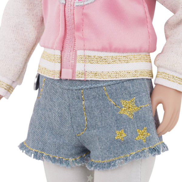 14-inch doll wearing heart jacket and rainbow leggings