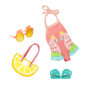 Parrot swimsuit with lemon tote bag for 14-inch doll