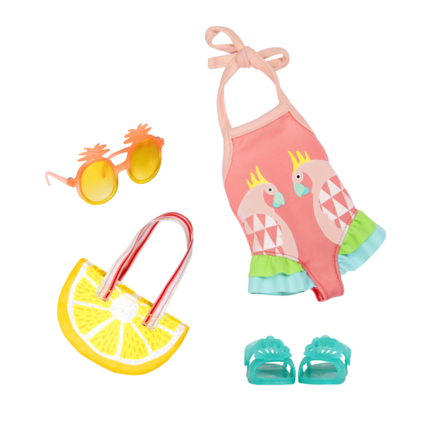Parrot swimsuit with lemon tote bag for 14-inch doll