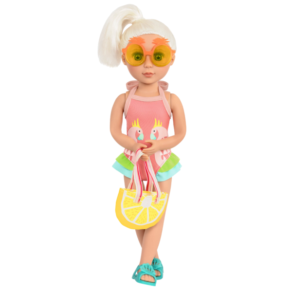 14-inch doll wearing parrot swimsuit and holding lemon tote bag