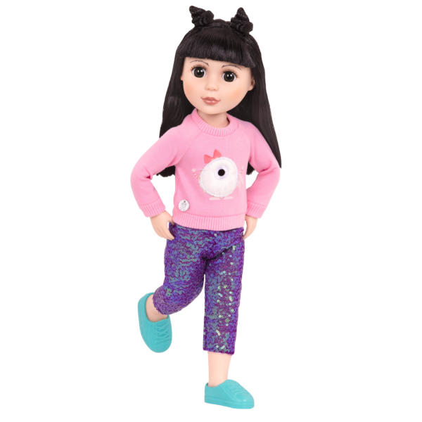 14-inch doll wearing sweater and sparkly pants
