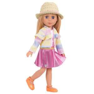14-inch doll wearing ruffled rainbow jacket and pleated skirt