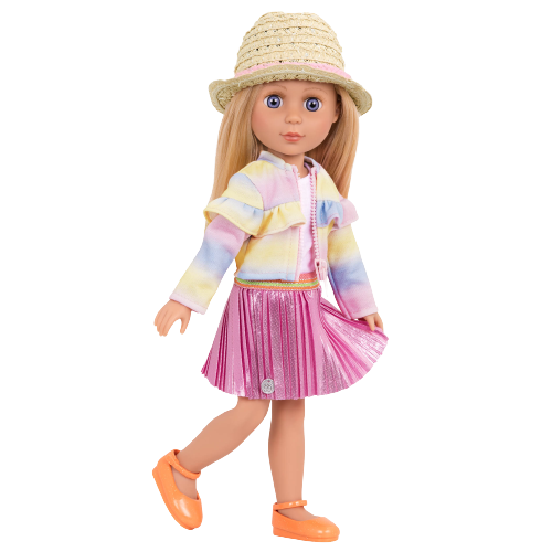 14-inch doll wearing ruffled rainbow jacket and pleated skirt