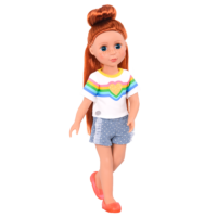 14-inch doll wearing rainbow outfit