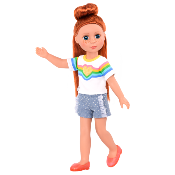 14-inch doll wearing rainbow outfit