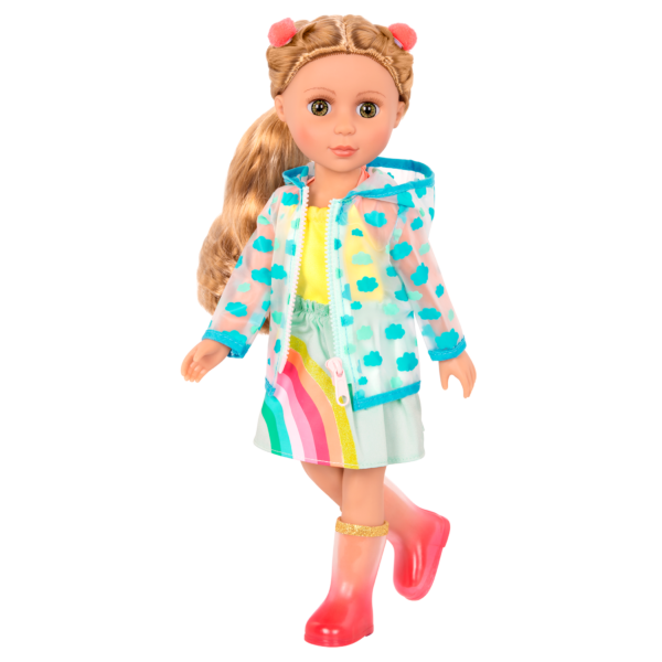 14-inch doll wearing raincoat, dress and boots