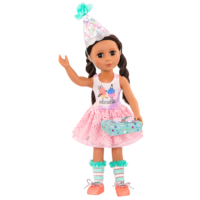 14-inch doll wearing surprise birthday outfit and holding gift