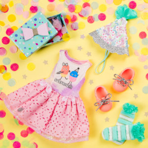 Surprise birthday outfit with gift for 14-inch doll