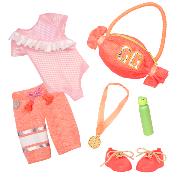 Gymnastic outfit with gym bag and medal for 14-inch doll