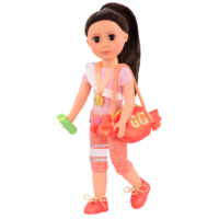 14-inch doll wearing gymnastic outfit with gym bag and medal