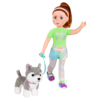 14-inch doll wearing dog walking outfit