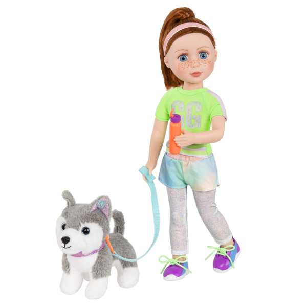 14-inch doll wearing dog walking outfit