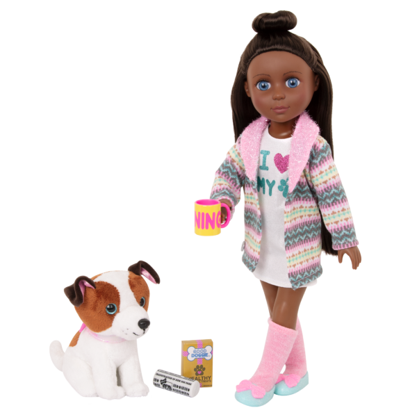 14-inch doll wearing robe and holding pet accessories