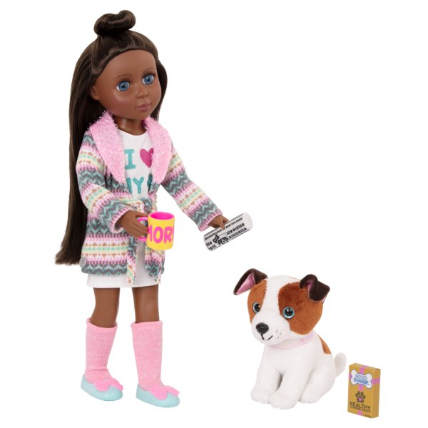 14-inch doll wearing robe and holding pet accessories