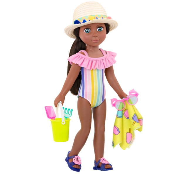 14-inch doll wearing rainbow swimsuit and holding beach accessories