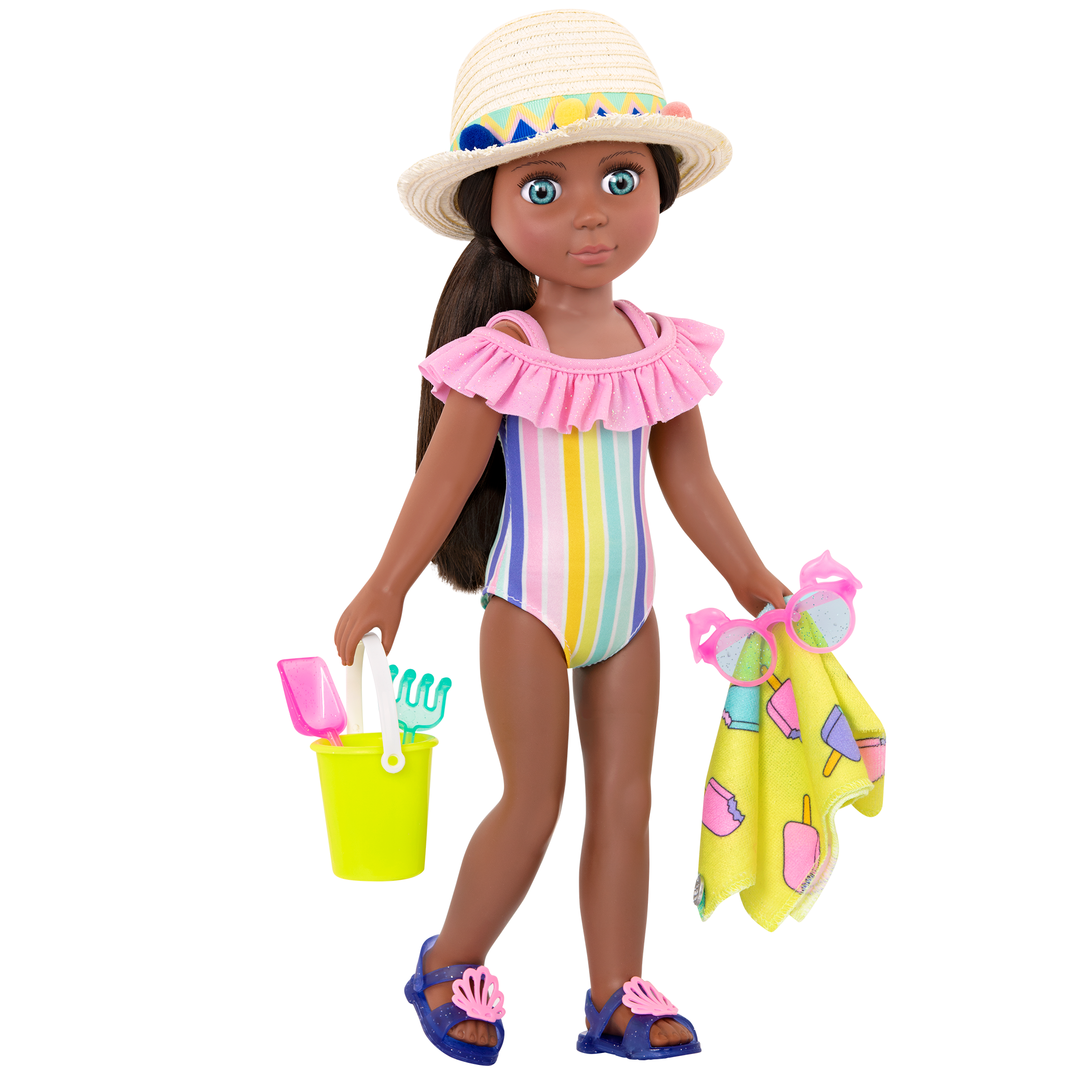  Glitter Girls – 14-inch Doll Clothes – 4Pcs Swimsuit Outfit –  Sunny One-Piece & Beach Bag – Heart Sunglasses & Pink Sandals – 3 Years+ –  Splish, Splash, and Sparkles : Toys & Games