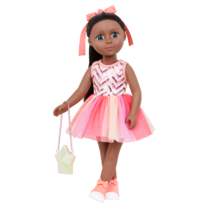 doll wearing party dress and bow