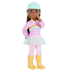 doll wearing riding clothes and helmet