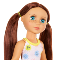Doll with blue eyes brown hair and swimsuit