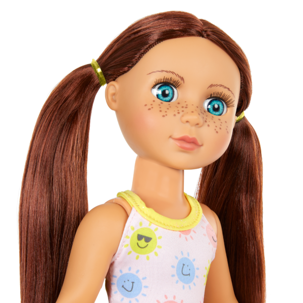 Doll with blue eyes brown hair and swimsuit