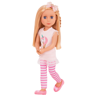 14-inch posable doll with blonde hair and purple eyes