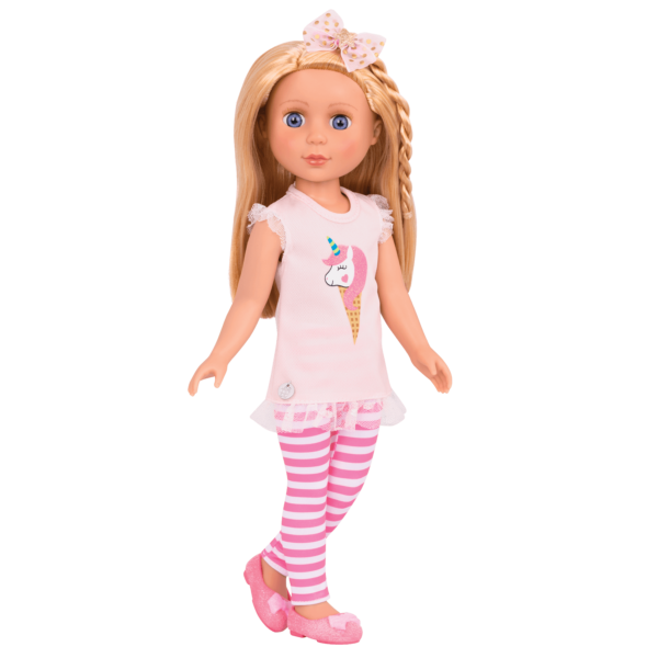 14-inch posable doll with blonde hair and purple eyes