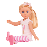 14-inch posable doll with blonde hair and purple eyes in sitting position