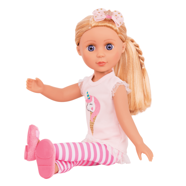 14-inch posable doll with blonde hair and purple eyes in sitting position