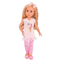 14-inch posable doll with blonde hair and purple eyes