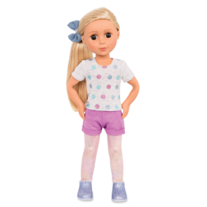 14-inch posable doll with blonde hair and brown eyes