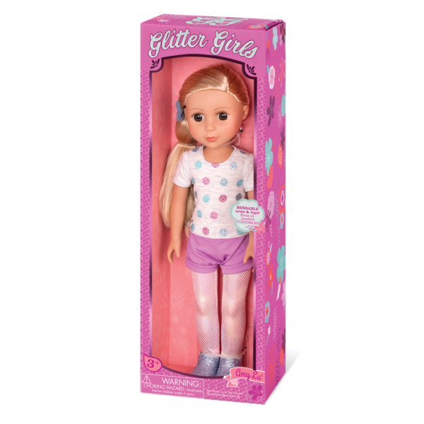 14-inch posable doll with blonde hair and brown eyes