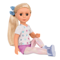 14-inch posable doll with blonde hair and brown eyes in sitting position