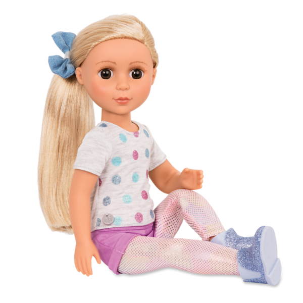 14-inch posable doll with blonde hair and brown eyes in sitting position